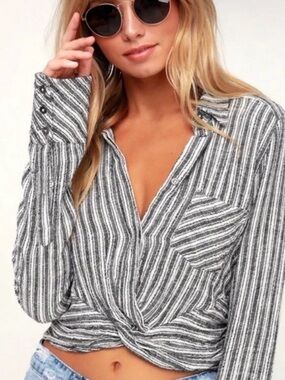 Free people Striped Twist-Front Long-Sleeve Top - Gray/White
